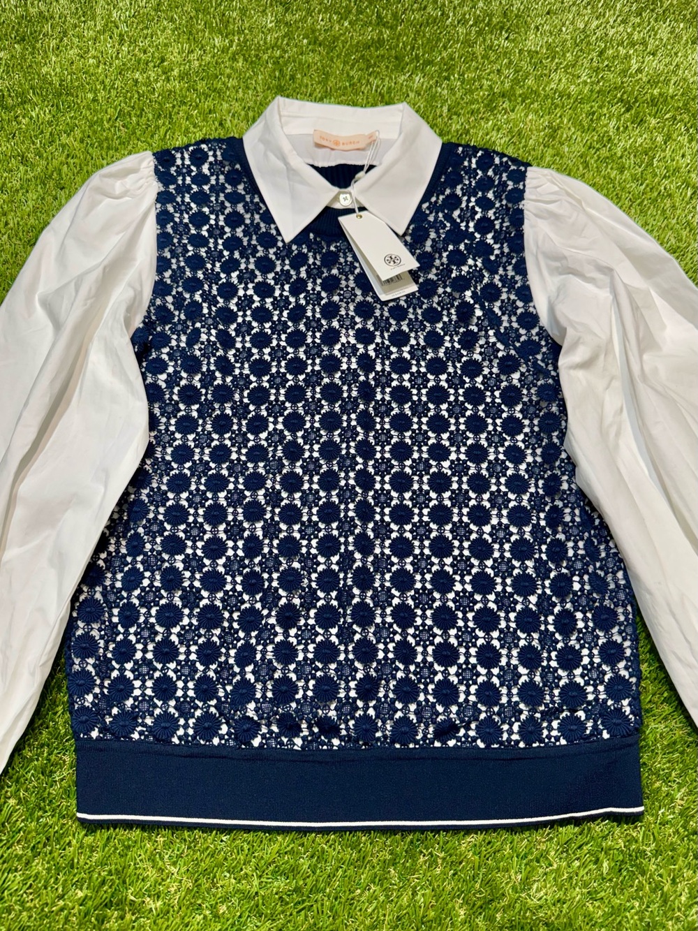 NWT Tory Burch Poplin Sleeve Pullover Shirt Women’s Size Medium Navy Blue White - Picture 3 of 15